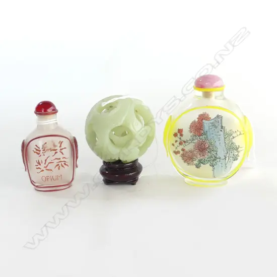 3 PC JADE PUZZLE BALL ON STAND, PAINTED SNUFF BOTTLE & AN OPIUM BOTTLE