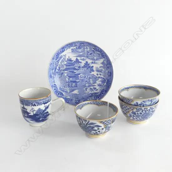 3 18TH/19THC B & W TEA BOWLS + TEA CUP + SIMILAR SAUCER DISH w hairline cracks