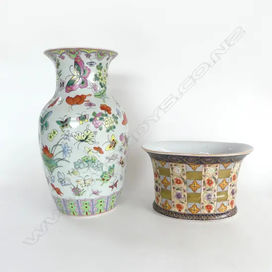 TALL CHINESE FAMILLE ROSE BUTTERFLY VASE H360MM & CHINESE FLORAL TROUGH VASE H150MM