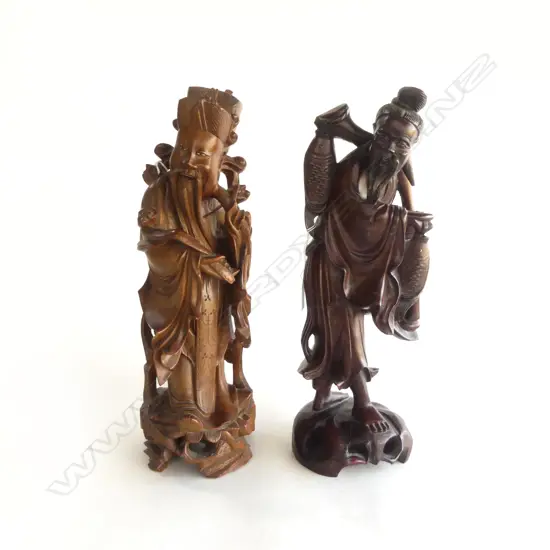 PR TALL CHINESE WOOD CARVINGS, FISHERMAN, H.390mm & SAGE, H.400mm