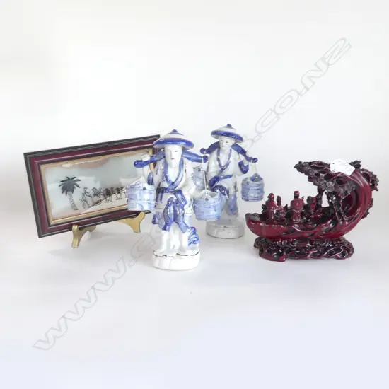 PR CHINESE B&W FIGURES + ARABIC SAND PICTURE + RESIN RED CHINESE FIGURES IN A BOAT
