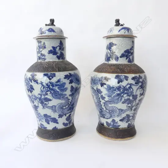 PR B/W CRACKLE GLAZE LIDDED GINGER JARS H.450mm - 1 w. rim repair