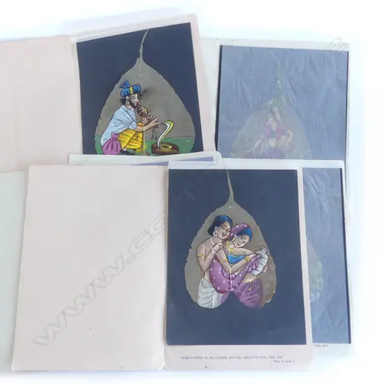  3 VINTAGE INDIAN OIL PAINTINGS 'on real skeleton pipal tree leaf'230 x 160mm on paper in folder
