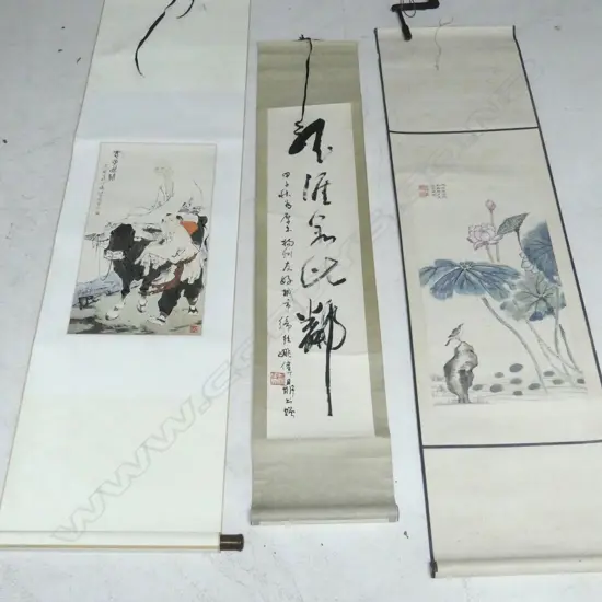 3 CHINESE SCROLLS: 1 painted w/c florals (waterlily) + 1 printed & other a stone slab