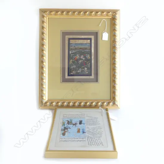 2 OLD FINE PERSIAN W/C & INK HUNTING SCENE PAINTINGS w text ex Persian Manuscripts 240 x 170mm & 200 x 125mm both