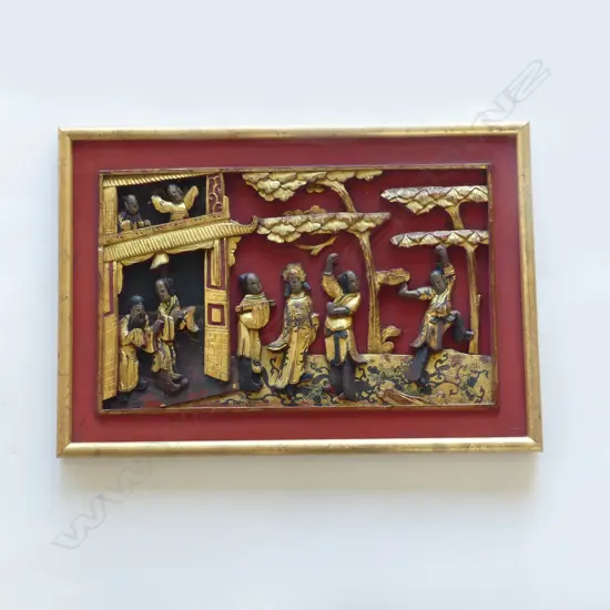 OLD CHINESE CARVED GILDED & PAINTED COURTYARD SCENE PANEL framed 300 x 430mm with provenance...