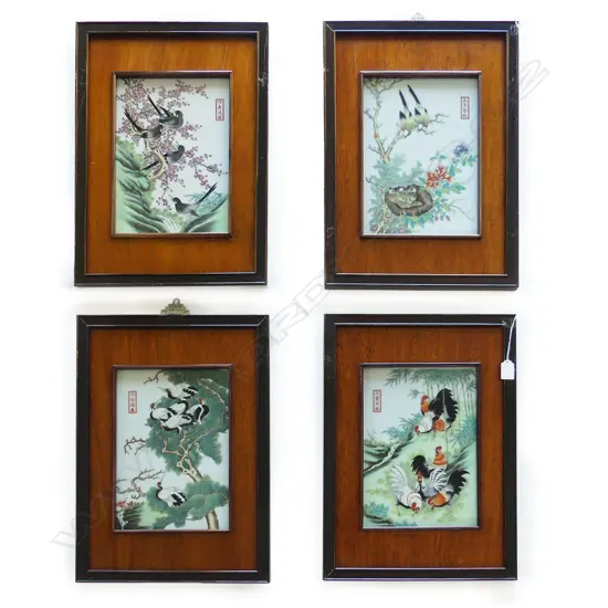 4 CHINESE CERAMIC BIRD PLAQUES 300x210mm FRAMED (495x350mm overall)
