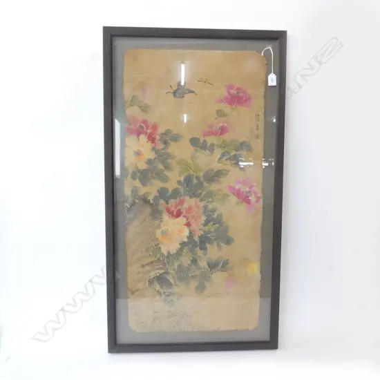 LARGE SIGNED CHINESE W/C FLOWERS & BUTTERFLIES on woven fabric silk? H1M20MM W550MM