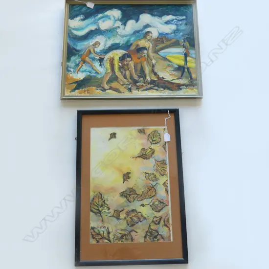 RETRO NZ OIL MUSSEL GATHERERS & SURFERS TE AWANGA BEACH BY M CREIGHTON H500MM W610MMW/C PASTEL BY KAREN MOORE AUTUMN WIN