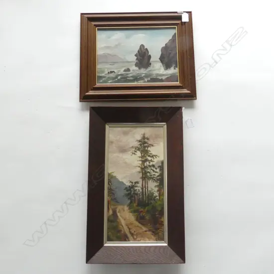 2 COLONIAL OIL ON CANVAS LANDSCAPES; R. FRASER BUSH SCENE, 395x190mm, M. A. HOWARD 'PINNACLE ROCK, W. HEADS' 220x295mm 