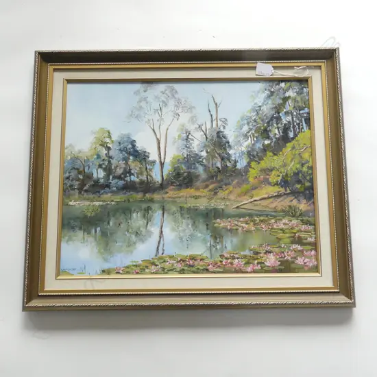 OIL ON BOARD  WATER LILYS & BUSH SCENE SIGNED M MACINTYRE H310MM W620MM