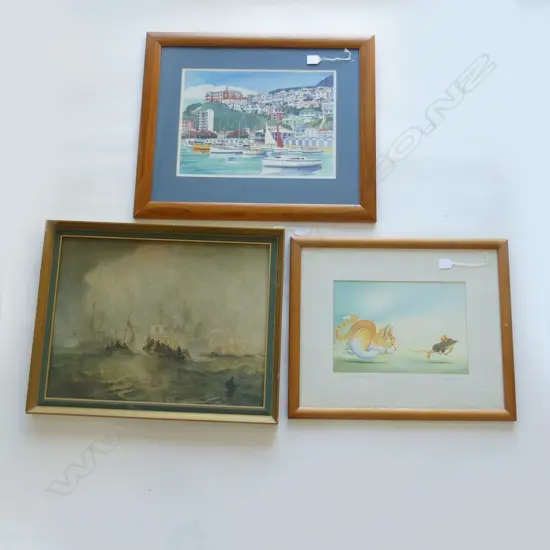 SIGNED PRINT BY MARTIN BAYNTON H440 W540MM & 2 OTHER PRINTS WELLINGTON HARBOUR H520-MM W620MM& SAILING SHIP PRINT