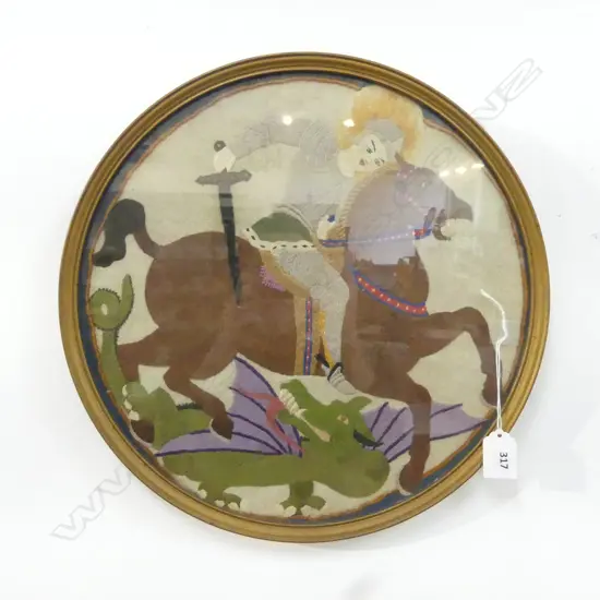VINTAGE NEEDLEWORK, ST GEORGE & THE DRAGON, FRAMED, DIA.370mm
