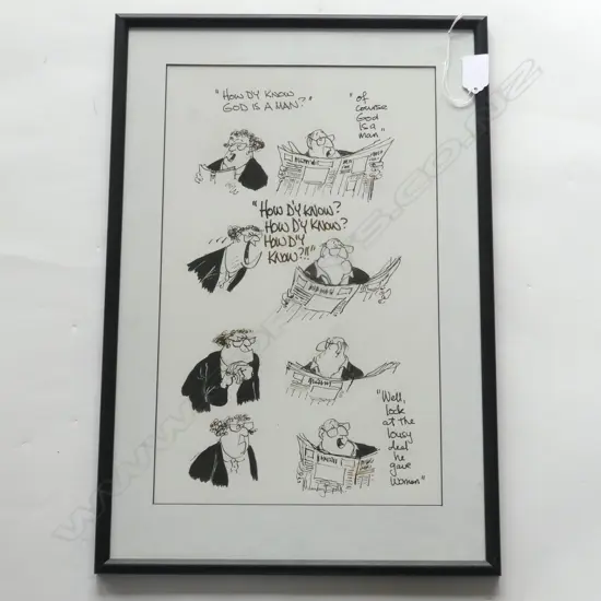 SIGNED MURRAY BALL ORIGINAL CARTOON 'HOW D'Y KNOW GOD IS A MAN?' 395x245mm