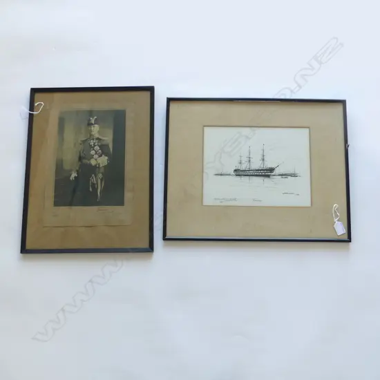 ENGRAVING SAILING SHIP BY WM BIRCHALL H 410 L510MM WITH SIGNED NAVAL PHOTO