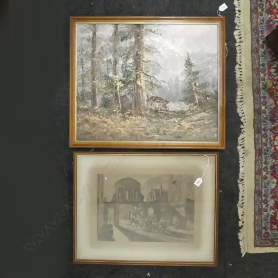 SIGNED OIL ON BOARD LANDSCAPE, 500x600mm,& 'MAIL ARRIVING AT TEMPLE BAR' PRINT