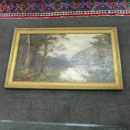 ARTIST UNKNOWN, COLONIAL LAKE & MOUNTAIN LANDSCAPE, OIL ON BOARD 480x890mm