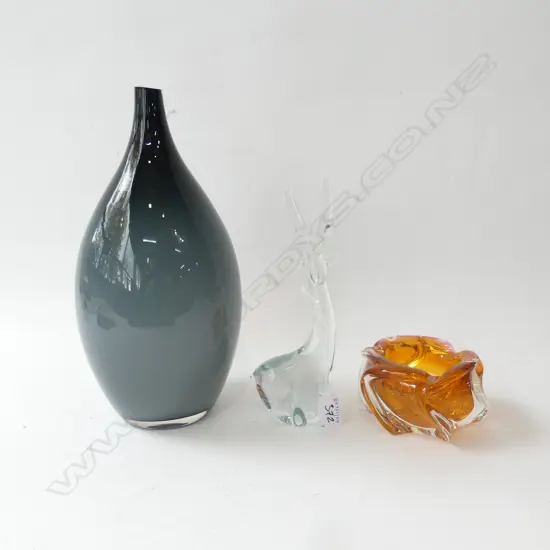 3 ART GLASS PCS GREY VASE H330MM AMBER SMALL BOWL DIA120MM & DEER ORN H240MM