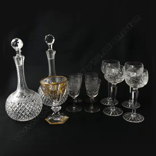 PR CRYSTAL DECANTERS H.295mm, 4 HOCK WINE GLASSES, BACCARAT GOBLET, 4 ETCHED SHERRY GLASSES
