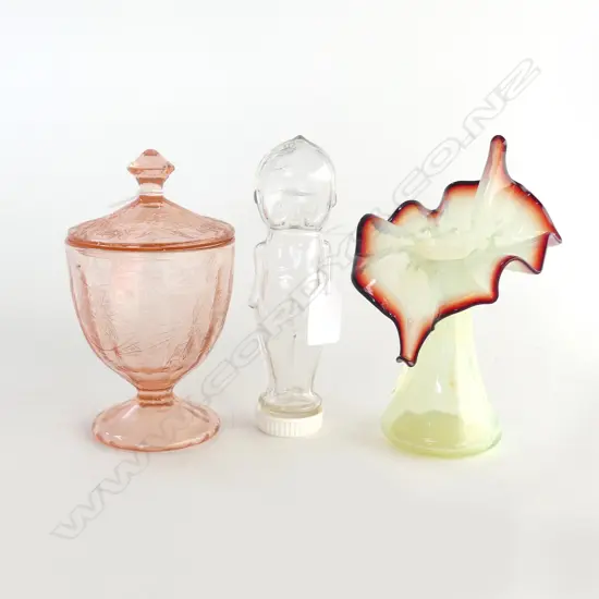 THREE GLASS ITEMS; GLASS CUPIE DOLL CONTAINER (H. 160mm), JACK IN THE PULPIT VASELINE GLASS VASE (H.175mm) & LIDDED PINK