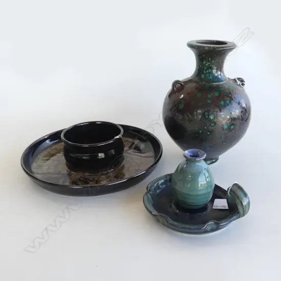 3 PC NZ STUDIO POTTERY, PETER BERMEISTER URN, BARRY DOYLE DISH & J LUSK & CANDLE HOLDER signed LUSK?