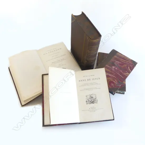 5 VOLUMES LEATHER BOUND BOOKS 1800S 3 FRENCH  2 ON GLADSTONE