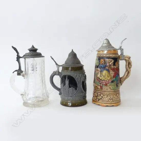 THREE BEER STEINS – MUNICH OLYMPICS, MUSICAL, AND CUT GLASS, H.200MM-240MM