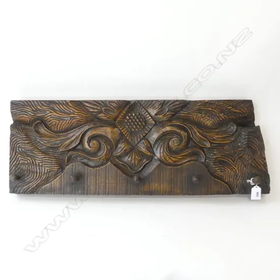 HEAVY HAND CARVED WOODEN COAT HOOK PANEL, L.640mm H.240mm (wall hangings on back)
