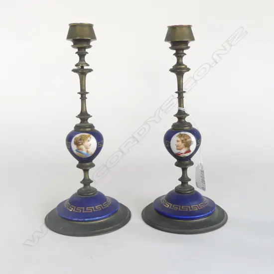 PAIR OF UNUSUAL CERAMIC & BRASS CANDLESTICKS, PORCELAIN DETAIL  OF NAPOLEON AND JOSEPHINE TO CENTRE, H.240mm
