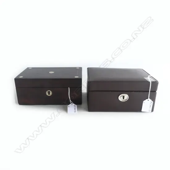 RETRO LEATHER JEWELLERY BOX w key & ROSEWOOD BOX w MOP INLAY