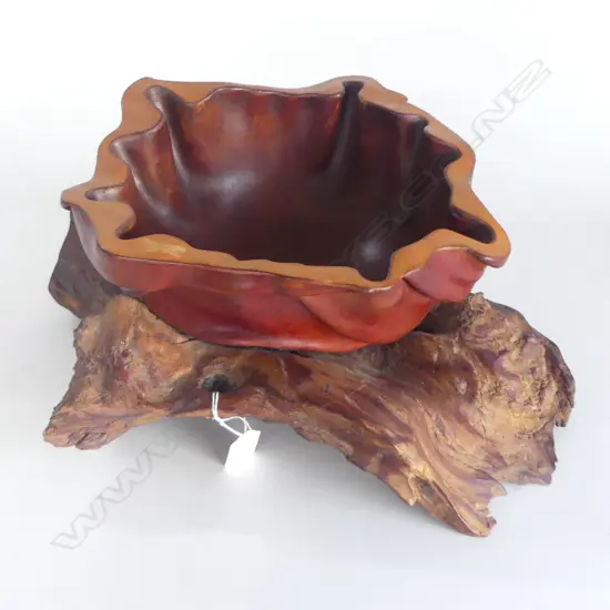 LEATHER WALNUT SHAPED BOWL  ON DRIFTWOOD BASE, H.180mm x L.380mm