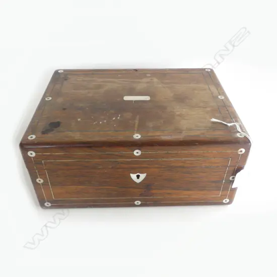 VICT ROSEWOOD & MOP INLAID WORKBOX L290MM & CONTENTS BEADS FISH ORNS ETC