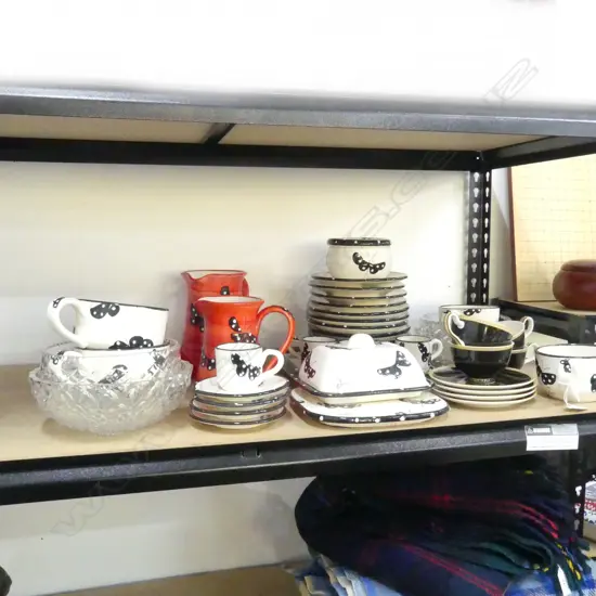 ASST. HAND PAINTED VALLAURIS POTTERY; BUTTERFLY DESIGN + 4 CRYSTAL BOWLS & 4 BLACK C/S