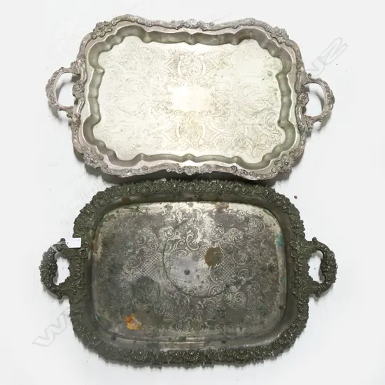 2 LG ANTIQUE SILVER PLATE BUTLER TRAYS 450x750mm 1 OSP