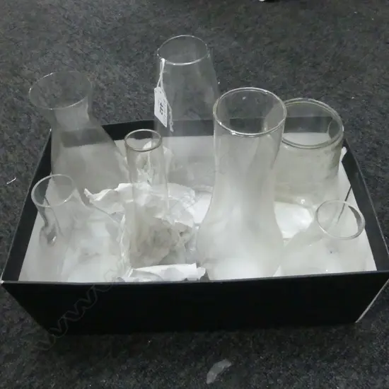 SEVEN GLASS CHIMNEYS FOR KEROSENE LAMPS, H.150MM-255MM