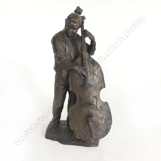 BRONZED RESIN FIGURINE; MAN PLAYING DOUBLE BASS H.380mm