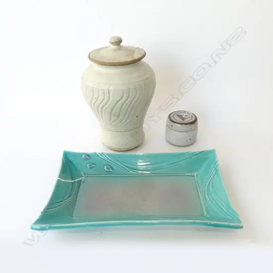 MERILYN WISEMAN STUDIO POTTERY DISH L300MM + LIDDED VASE REPAIR TO LID H240MM & SMALL LIDDED JAR H60MM