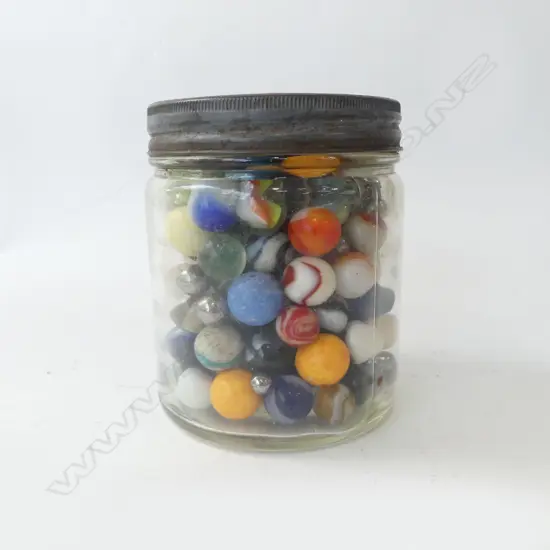 JAR OF 160+ VINTAGE MARBLES