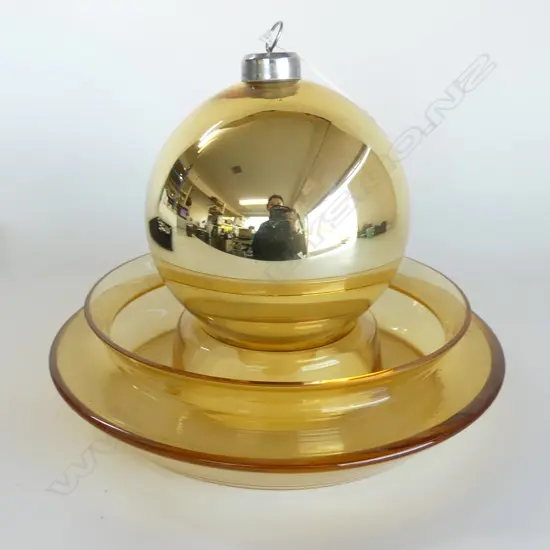 AMBER GLASS FLOAT BOWL 280mm dia + LG GOLD BAUBLE 150mm dia