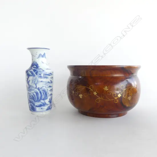 INLAID WOODEN BOWL 190mm dia + B/W VASE H.165mm
