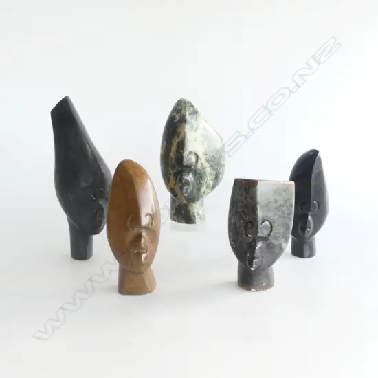 5 CARVED SOAPSTONE HEAD FIGURES TALLEST210MM