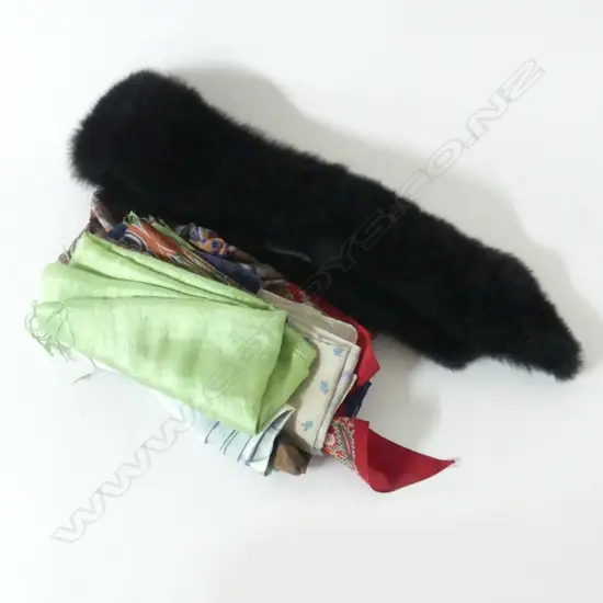 5 SILK SCARVES & FUR STOLE
