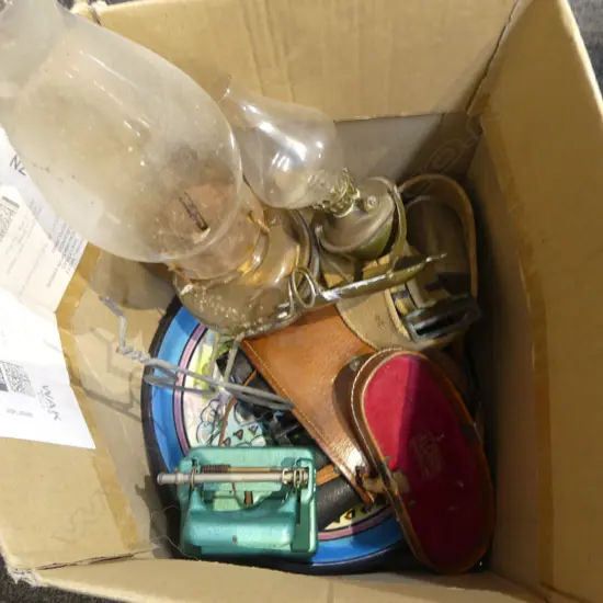 2 KERO LANTERNS, NZ POTTERY BOWL 280mm dia, BINOCULARS, ETC