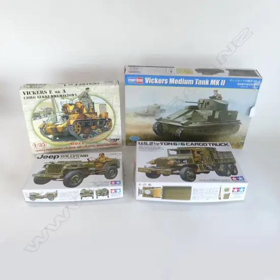 4 MINT & BOXED MODELSVICKERS MEDIUM MK2 TANK L400MM  VICKERS E MARK A TANK L290MM US 6X6 CARGO TRUCK L290MM &WILLYS JEEP