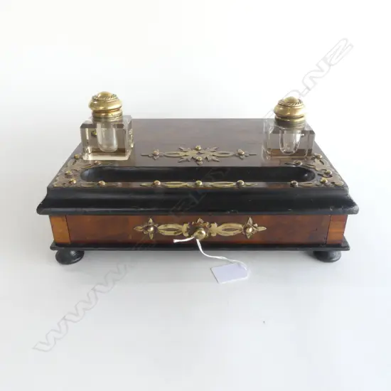 VICTORIAN WALNUT & BRASS INKSTAND