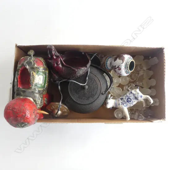 SMALL BOX LOT GLASS CHESS SET CAST IRON TEAPOT  DEFT GOAT  CIMBELS ETC