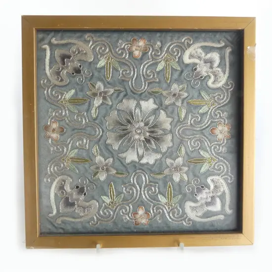 OLD CHINESE EMBROIDERED & SILVER THREAD PANEL BATS & FLORALS framed 190 x 190mm. w provenance...
