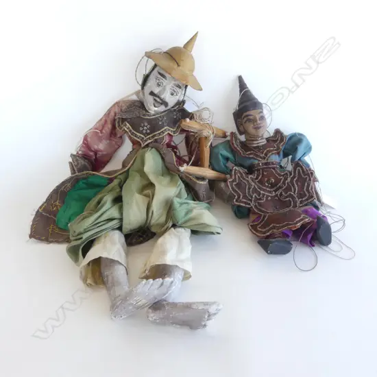 PR VINTAGE BURMESE PUPPETS, MOUSTACHED MAN H.600mm, WOMAN H.350mm