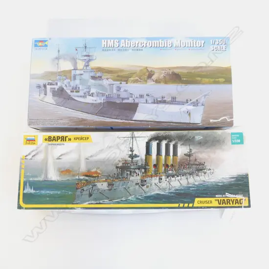 2 MINT & BOXED MODEL SHIPS HMS ABERCROMBIE MONITOR L440MM& CRUISER VARYAG L470MM