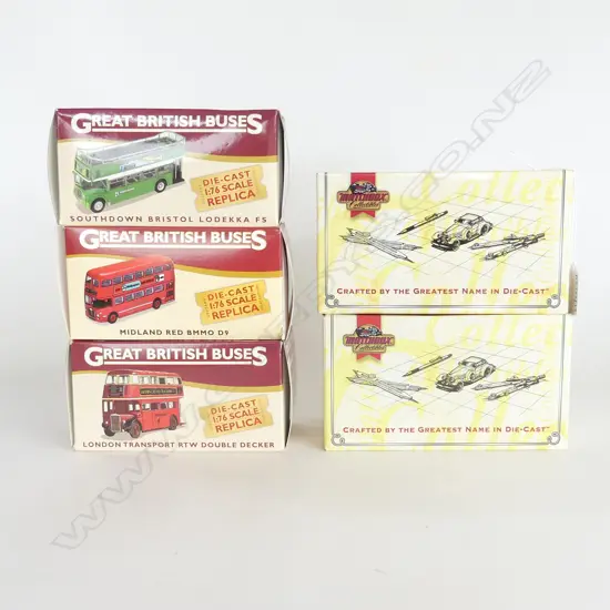 2 MINT & BOXED MATCHBOX COLLECTABLES 1910 RENAULT BUS AVELING &PORTER STEAM ROLLER  L170MM & 3 DIE CAST GREAT BRITISH BU